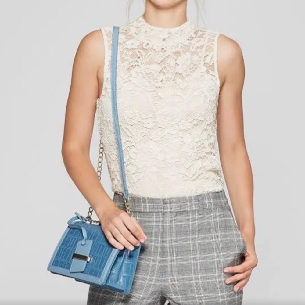 Who What Wear Ivory Floral Lace Sheer Sleeveless Mock Neck Shell Top NEW